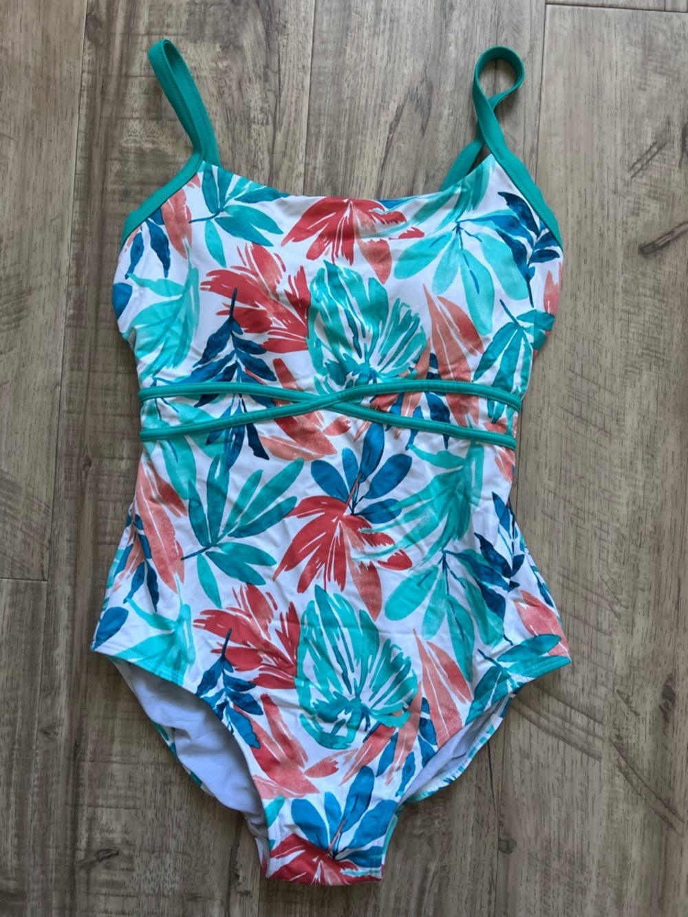 LL Bean Tropical Leaf One-Piece Swimsuit in Teal and Coral beach pool vacation